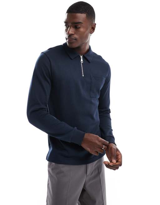 Farah - Creston - Sweatshirt met polokraagje en korte rits in marineblauw 