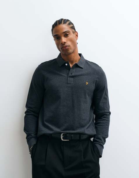Farah Cunningham long sleeve logo polo shirt in washed black marl - view 1