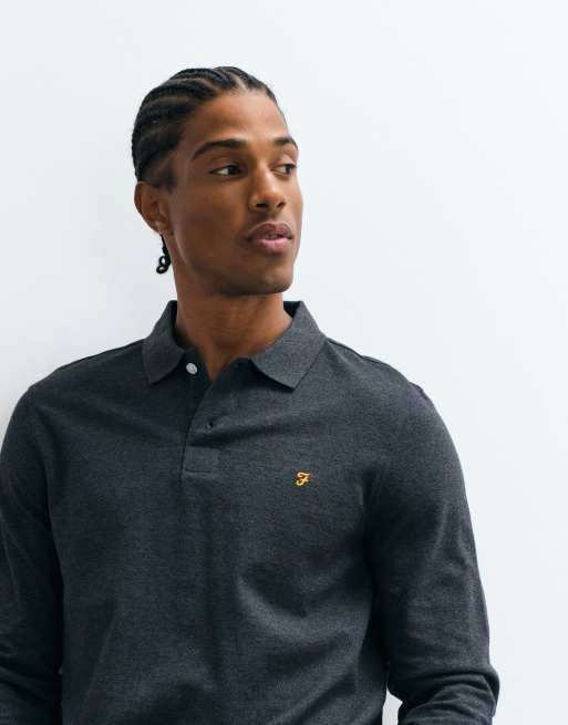 Farah Cunningham polo à manches longues avec logo en noir chiné délavé, 5 de 5