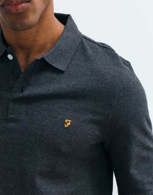 Farah Cunningham polo met lange mouwen en logo in gewassen zwart gemêleerd, 3 van 5