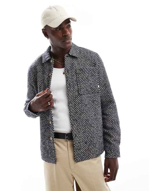 Farah – Davies – Hemdjacke in Marineblau mit Winkelstreifenmuster 