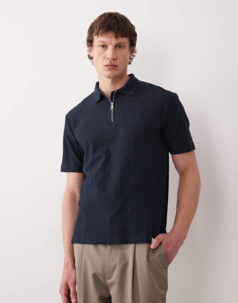 Farah Dobson short sleeve quarter zip logo polo shirt in navy