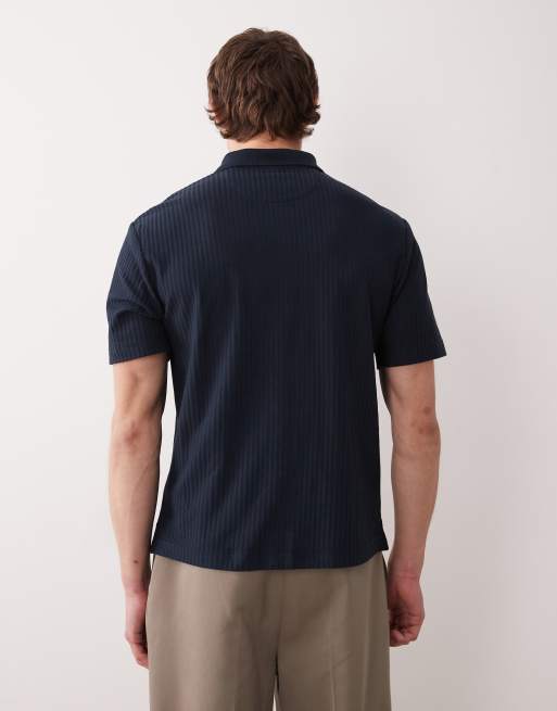 Farah - Dobson - Marineblå kortærmet poloskjorte med lynlås i halsen og logo, 3 af 5