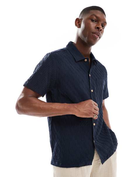 Farah - Finn - Camicia blu navy testurizzata a maniche corte - view 1