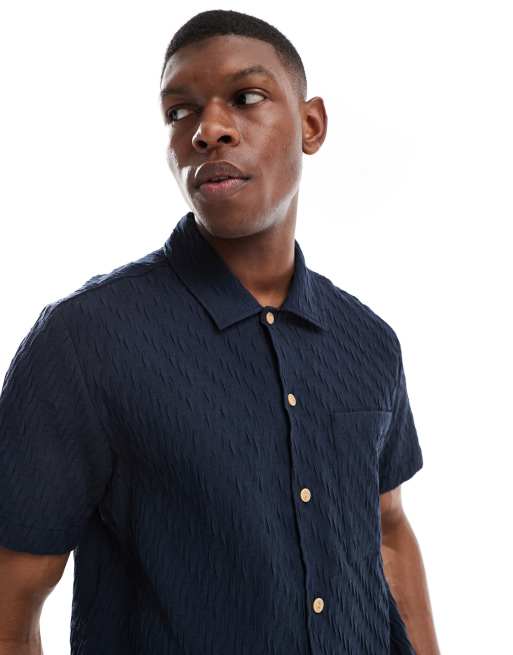 Farah - Finn - Camicia blu navy testurizzata a maniche corte, 2 di 4