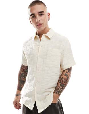 Farah - Fleet - Camicia a maniche corte bianco sporco con colletto a rever e motivo goffrato a quadri - view 1