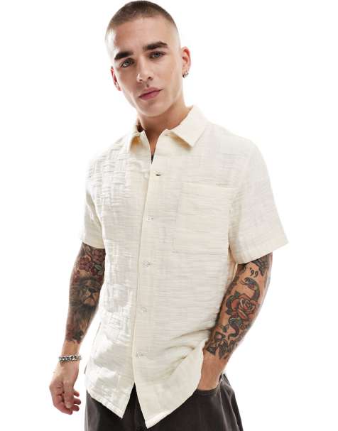 Farah fleet short sleeve camp collar shirt in off white with embossed plaid design - view 1