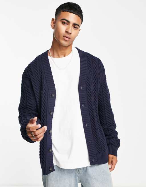 Farah - Gabriel - Gebreid vest met kabels en V-hals in marineblauw