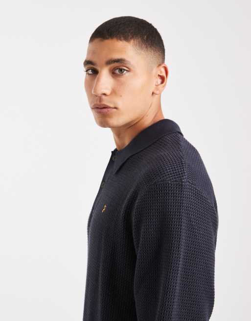 Farah - Gateacre - Gebreid poloshirt met lange mouwen in marineblauw, 4 van 5