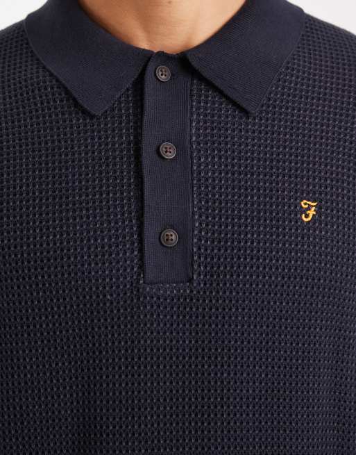 Farah - Gateacre - Gebreid poloshirt met lange mouwen in marineblauw, 5 van 5