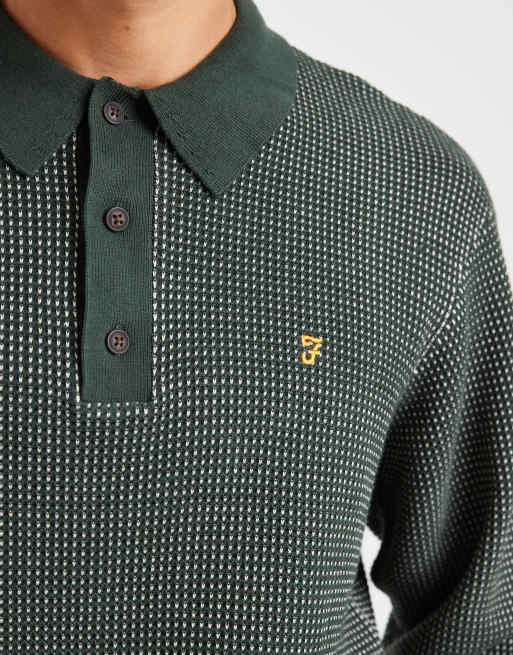 Farah gateacre knitted long sleeve polo shirt in dark green, 5 of 5