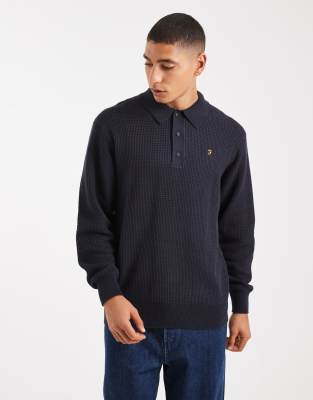 Farah Farah gateacre knitted long sleeve polo shirt in navy