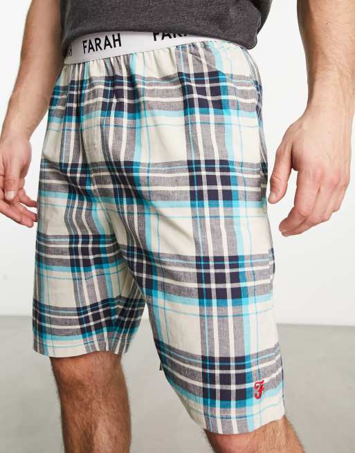 Farah - Geruit loungeshort met logo op tailleband in ecru, marineblauw en groenblauw