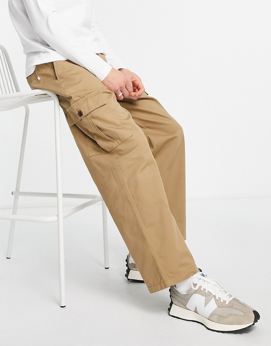 Farah Greenport cargo wide leg twill pants in beige-Neutral