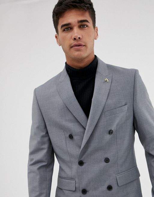 Farah Henderson skinny fit double breasted suit jacket in gray | ASOS