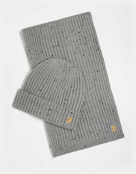 Farah Hoolero knitted logo hat, scarf and glove set in grey - view 1