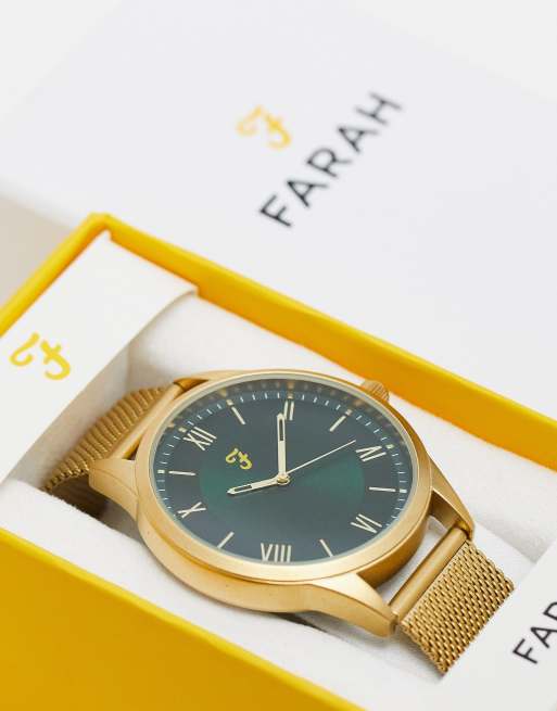 Farah - Horloge met mesh bandje in goud met groene wijzerplaat, 2 van 4