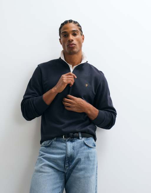 Farah Jim half zip logo sweatshirt in navy | ASOS