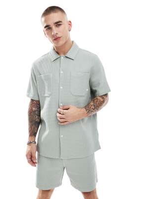 Farah Farah judson co-ord textured waffle short sleeve shirt in sage green