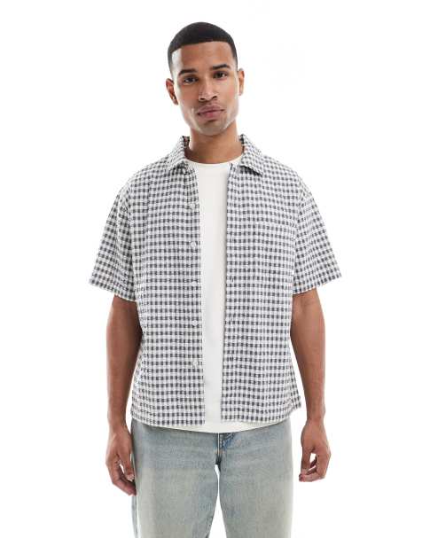 Farah - Kegan - Camicia a maniche corte in tessuto seersucker a quadri color blu e bianco - view 1