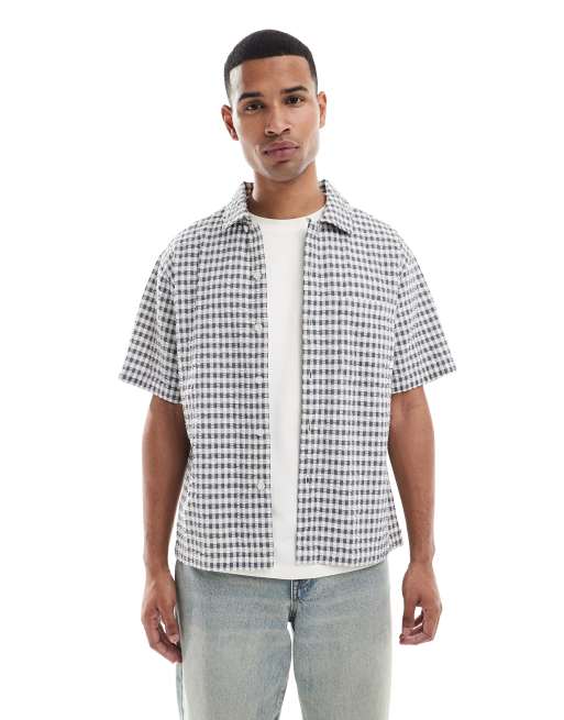 Farah - Kegan - Chemise manches courtes en crêpe de coton à carreaux - Bleu et blanc 