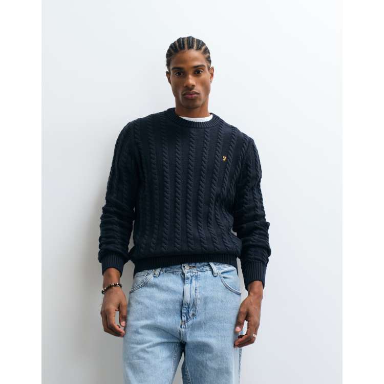 Farah Knight cable knit logo sweater in navy | ASOS