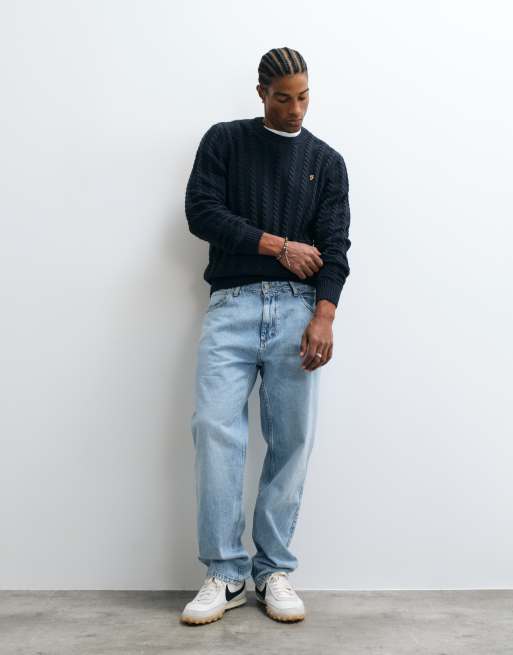 Farah Knight sweter z warkoczowym splotem z logo w kolorze granatowym, 4 z 5