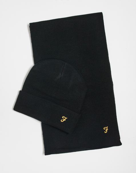 Farah knitted logo hat, scarf and glove set in black - view 1