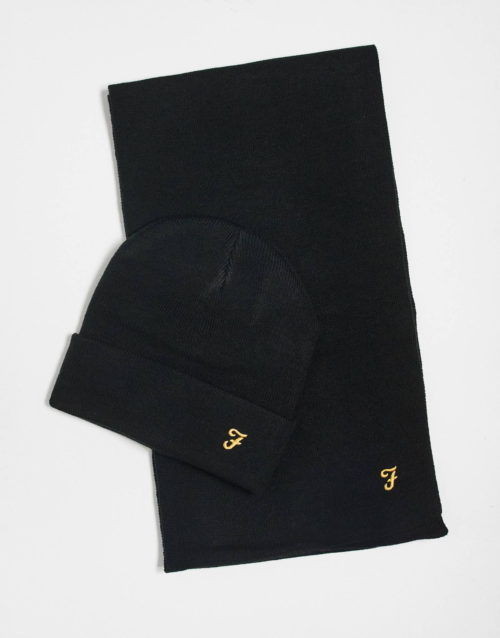 Вязаная шапка, шарф и перчатки с логотипом Farah черного цвета