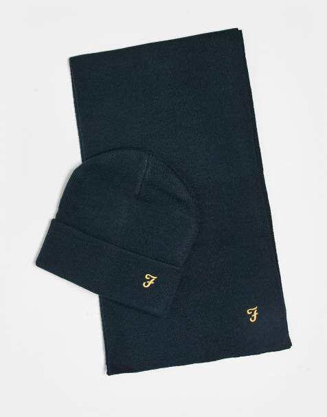 Farah knitted logo hat, scarf and glove set in navy - view 1