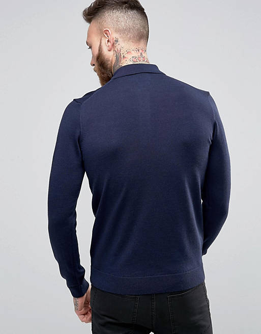Knitted Polo Shirt In Merino Wool Slim Fit Navy | ASOS