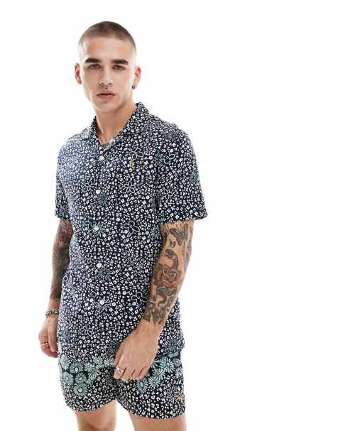 Farah - Landon - Chemise d'ensemble à imprimé fleurs avec manches courtes et col à revers - Bleu marine - view 1