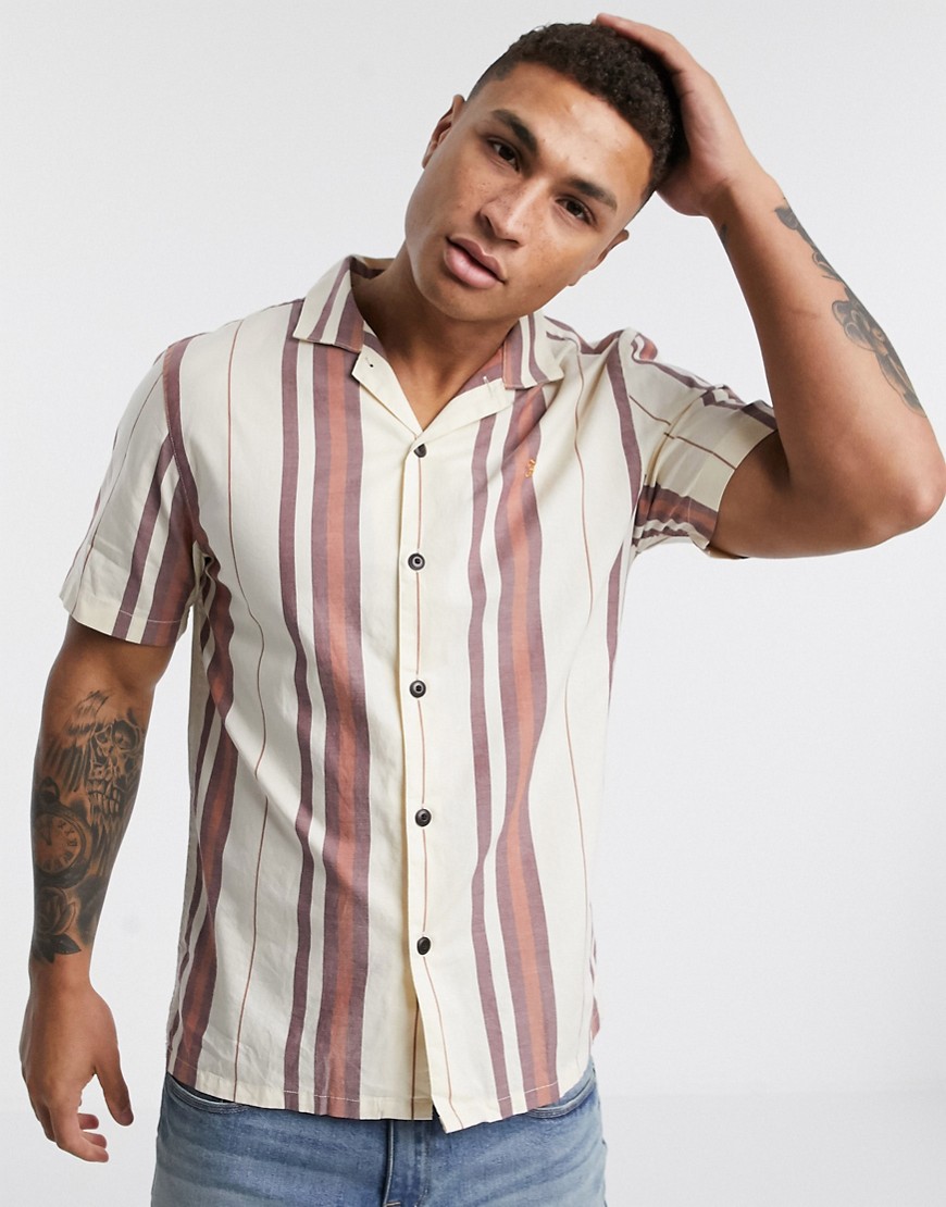 Farah Laredo striped revere collar short sleeve shirt in off white and red