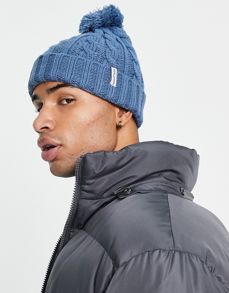 Farah Logo Cable Knit Bobble Beanie Hat In Blue