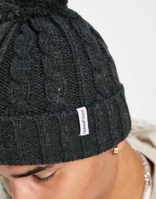 Farah logo cable knit bobble beanie hat in charcoal ASOS