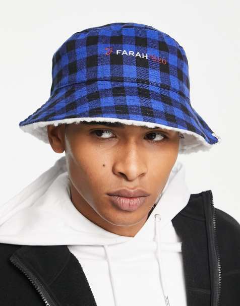 Farah logo plaid bucket hat in blue - view 1