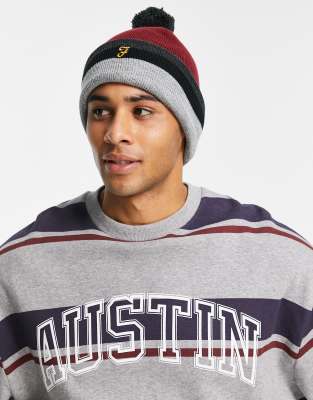 Farah Farah logo stripe bobble hat in burgundy-Red