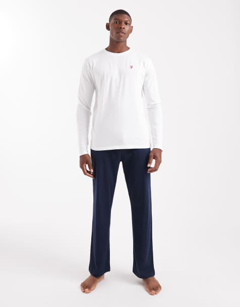Farah long sleeve logo t-shirt and branded jacquard waistband lounge bottoms set in white/navy - view 1
