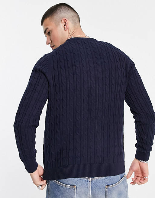 Men Farah Ludwig cable knit jumper in navy 