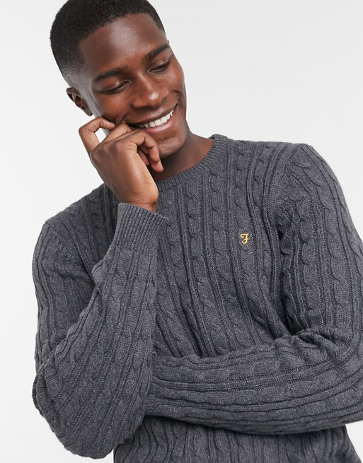Farah Ludwig cotton cable crew neck jumper in charcoal Exclusive at ASOS