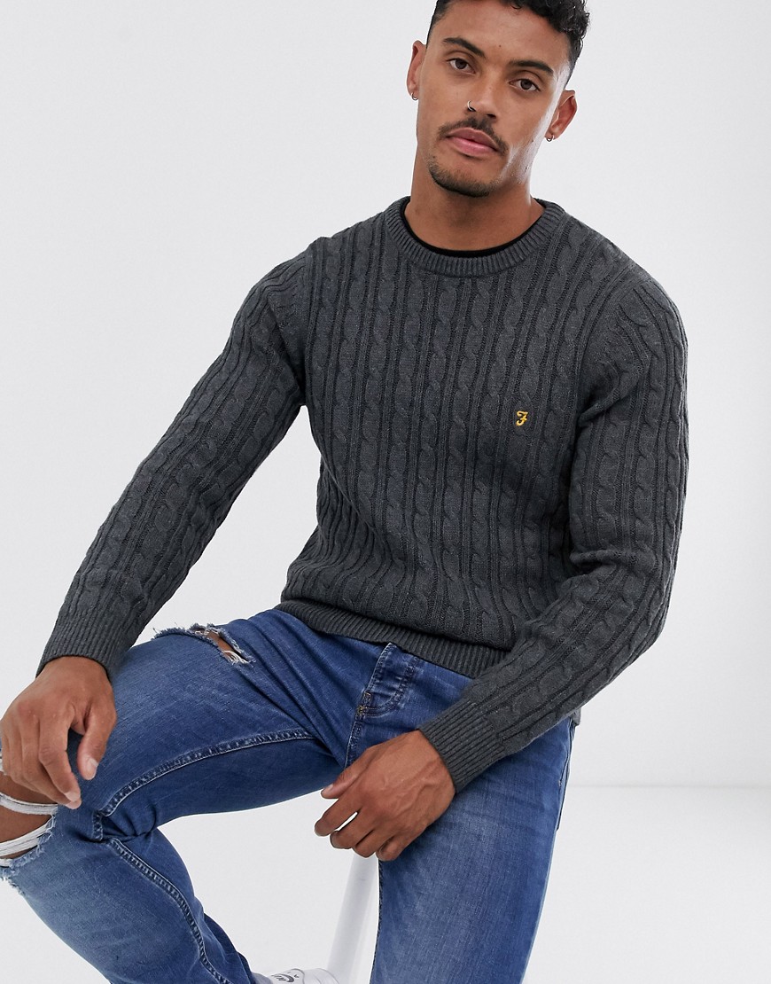 Farah Ludwig cotton cable crew neck jumper in charcoal-Grey