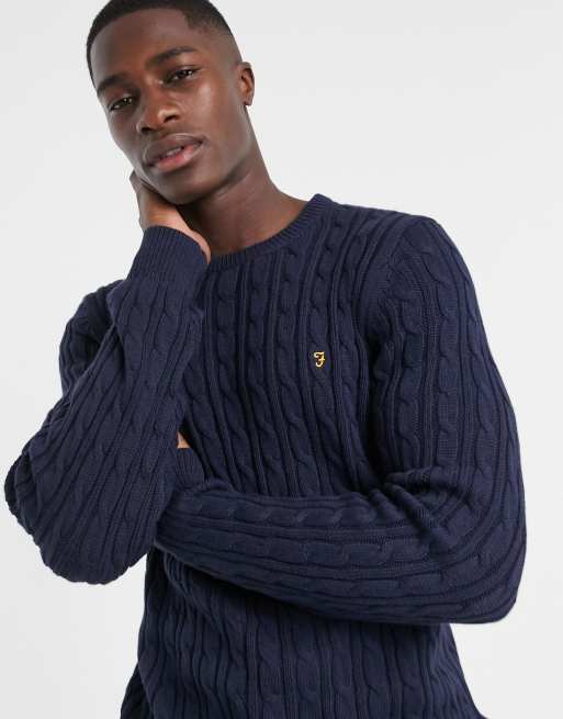 Farah Ludwig cotton cable crew neck jumper in navy Exclusive at ASOS