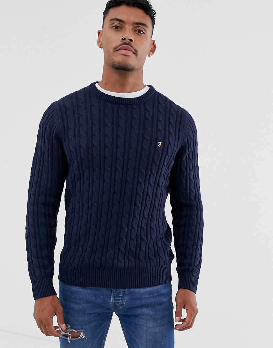 Farah Ludwig cotton cable crew neck jumper in navy