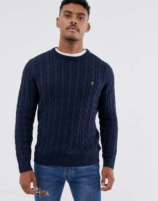 Farah Ludwig cotton cable crew neck sweater in navy