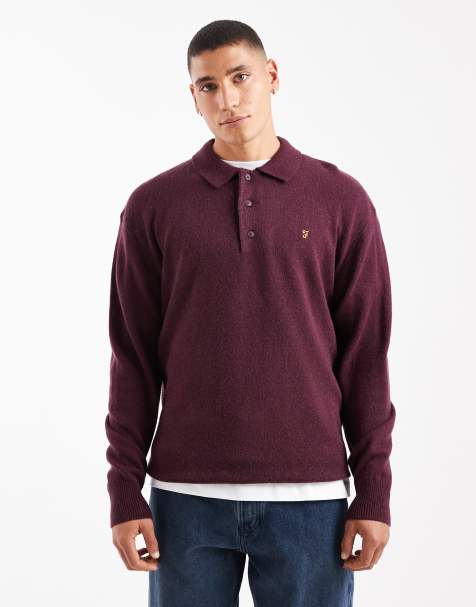 Farah Matson lambswool long sleeve polo shirt in burgundy - view 1