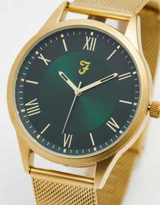 Farah mesh strap watch in gold with green face