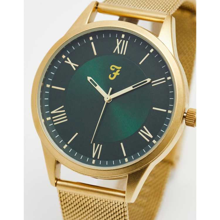 Farah mesh strap watch in gold with green face ASOS