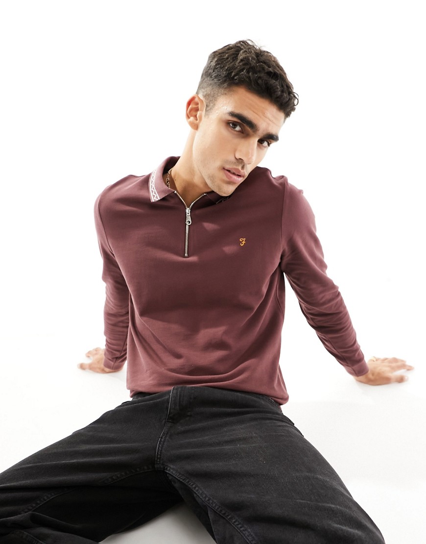 Farah milan long sleeve polo with zip in burgundy-Red