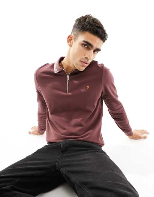  Farah milan long sleeve polo with zip in burgundy