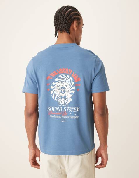 Farah – Morween – T-Shirt in Blau mit Motiv- und Rückenprint - view 1